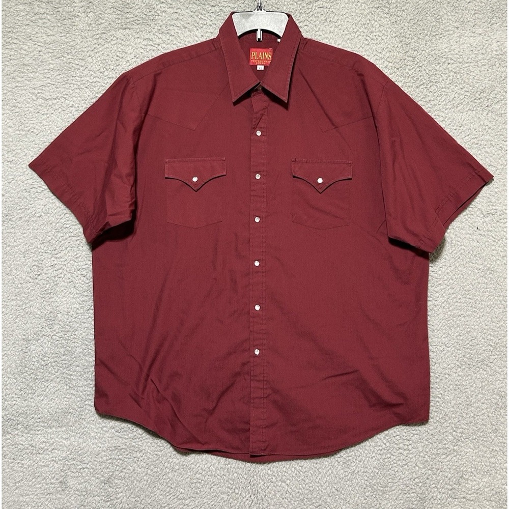 Plains Western Shirt Mens XL Burgandy Pearl Snap Short Sleeve Cowboy Rodeo Ranch